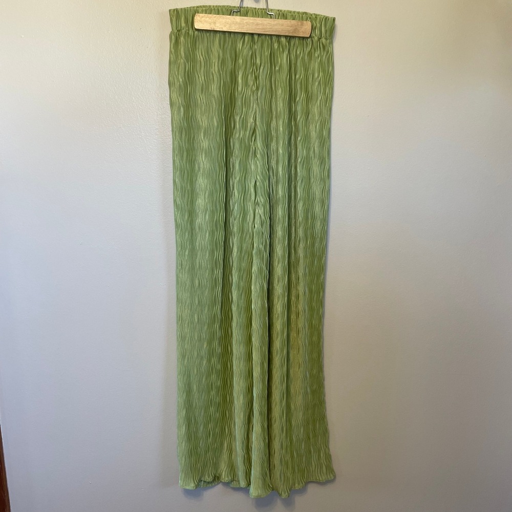 Blue Blush Plissé Satin Wide Leg Pants Small Green Crinkle‎ Palazzo Elastic Wai